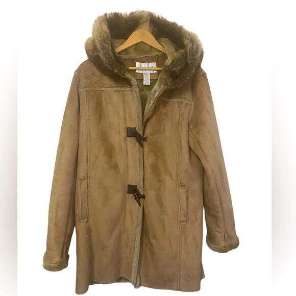 Chadwick’s Women's Mid Length Faux Suede Coat Faux Fur Hood  Size Large - Picture 1 of 7